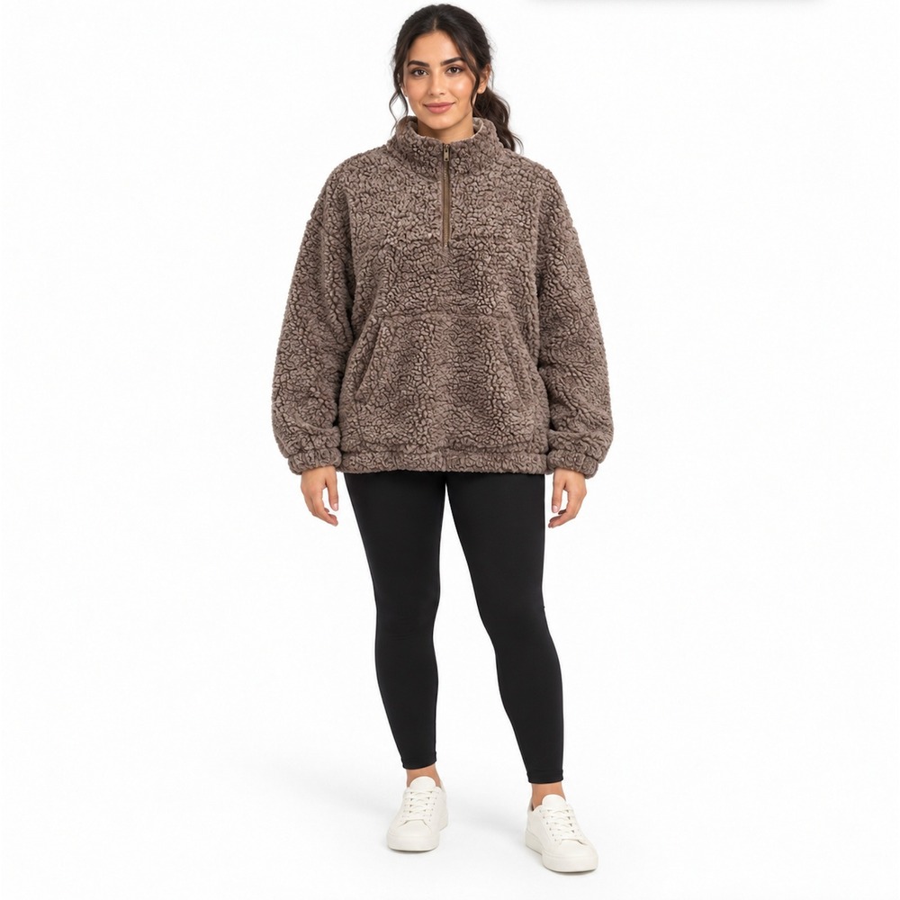 Altar'd State Brown Sherpa Fleece Quarter Zip Pullover MEDIUM